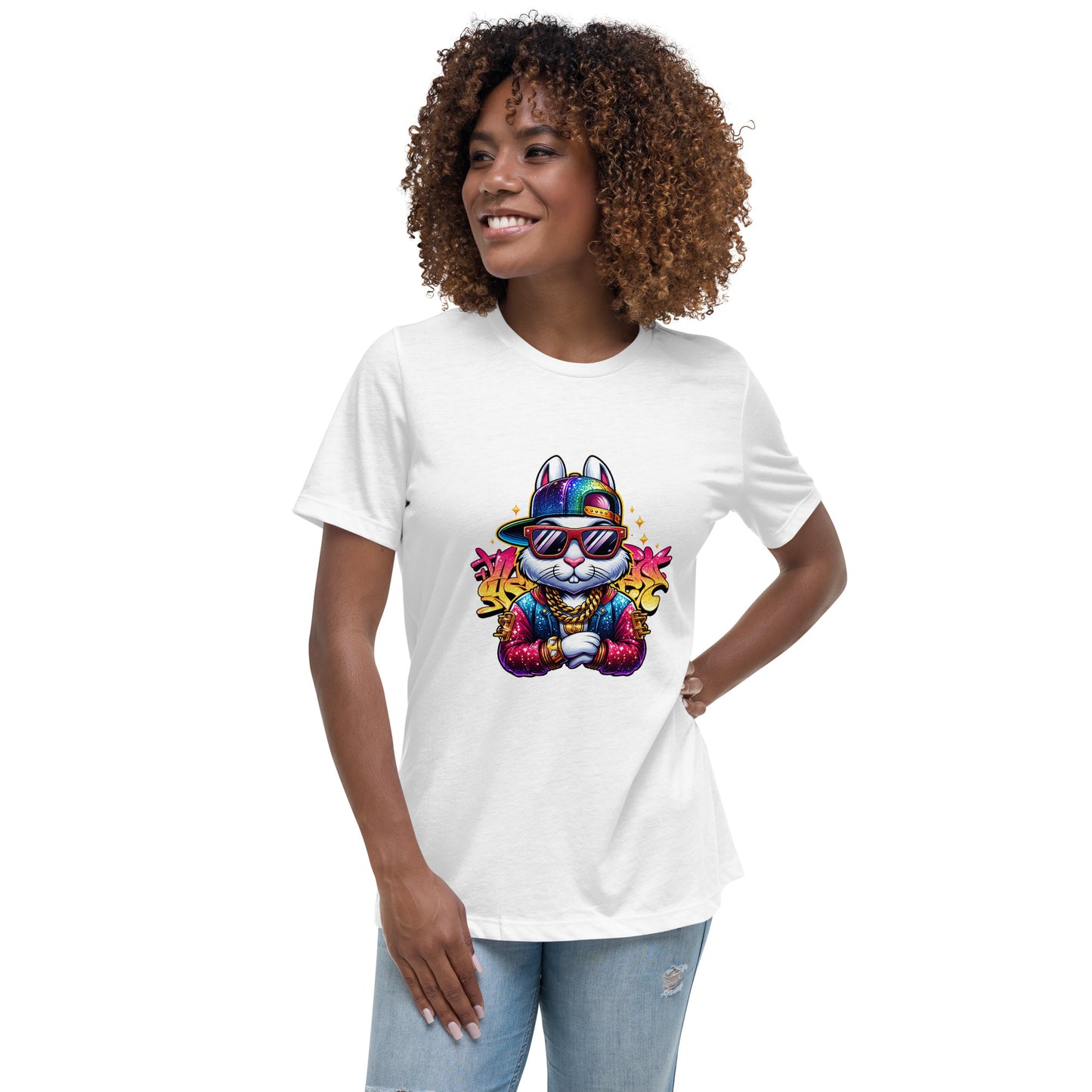 Cartoon bunny wearing sunglasses, snapback hat and gold chain on a colourful urban-style graphic t-shirt