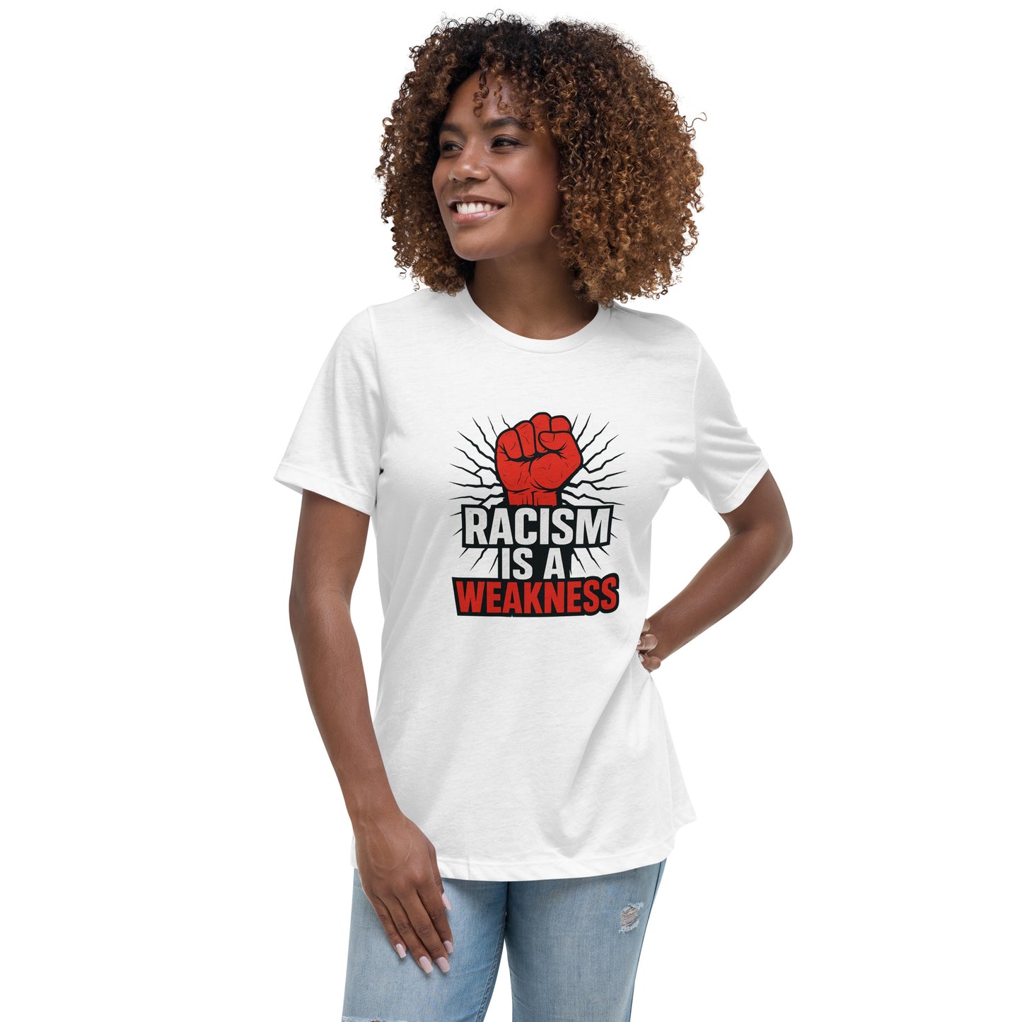 Raised red fist with 'Racism Is a Weakness' text graphic