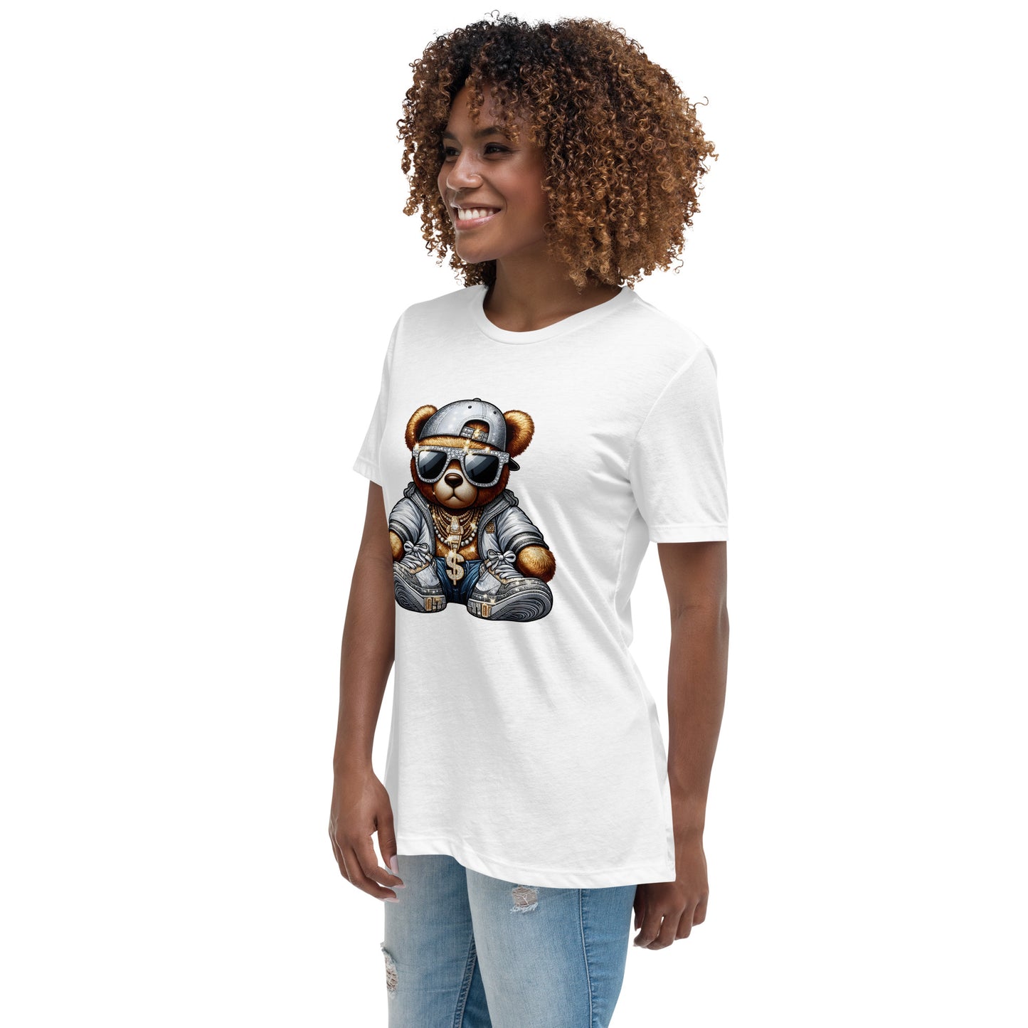 Gangster bear wearing grey streetwear outfit, gold chains, and sunglasses