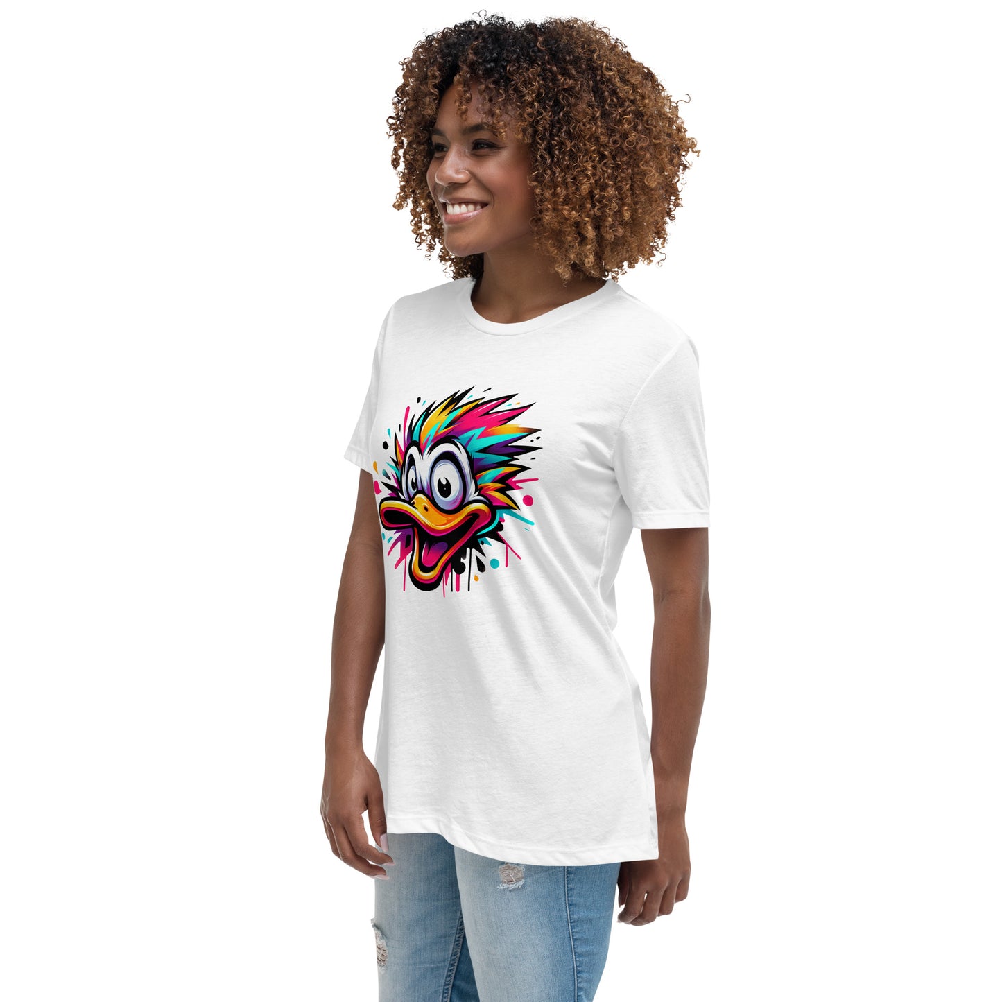 Funny colourful cartoon duck graphic on t-shirt for men and women.