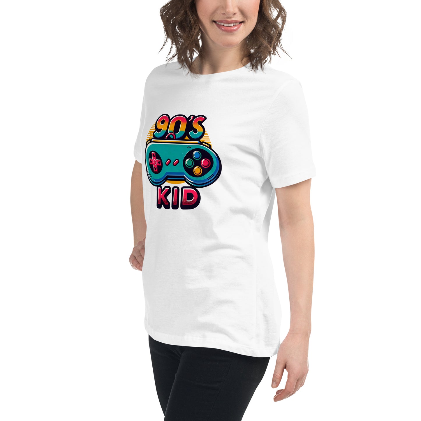 "Retro 90s game controller graphic with 90s Kid text on t-shirt"