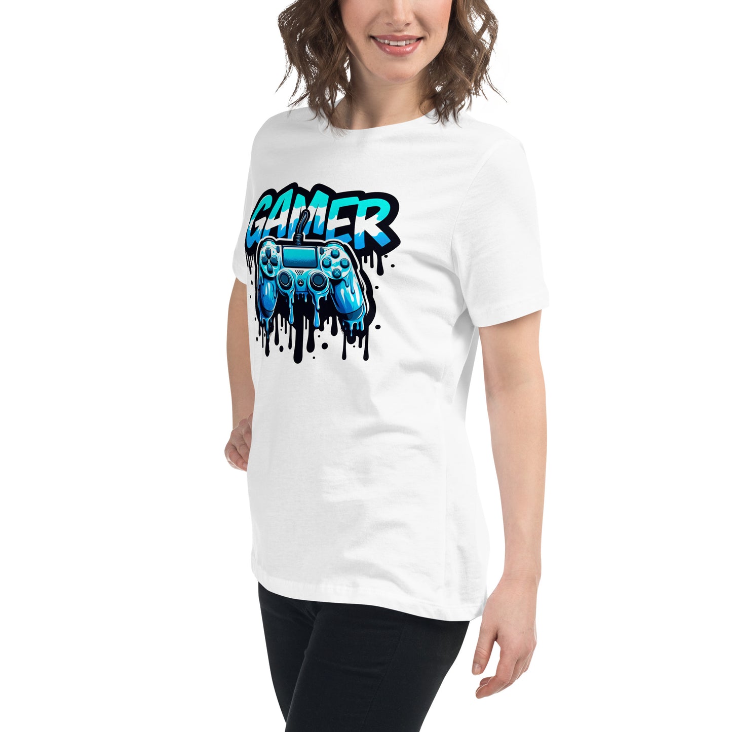Blue dripping game controller with bold “GAMER” text – cool graphic gaming t-shirt