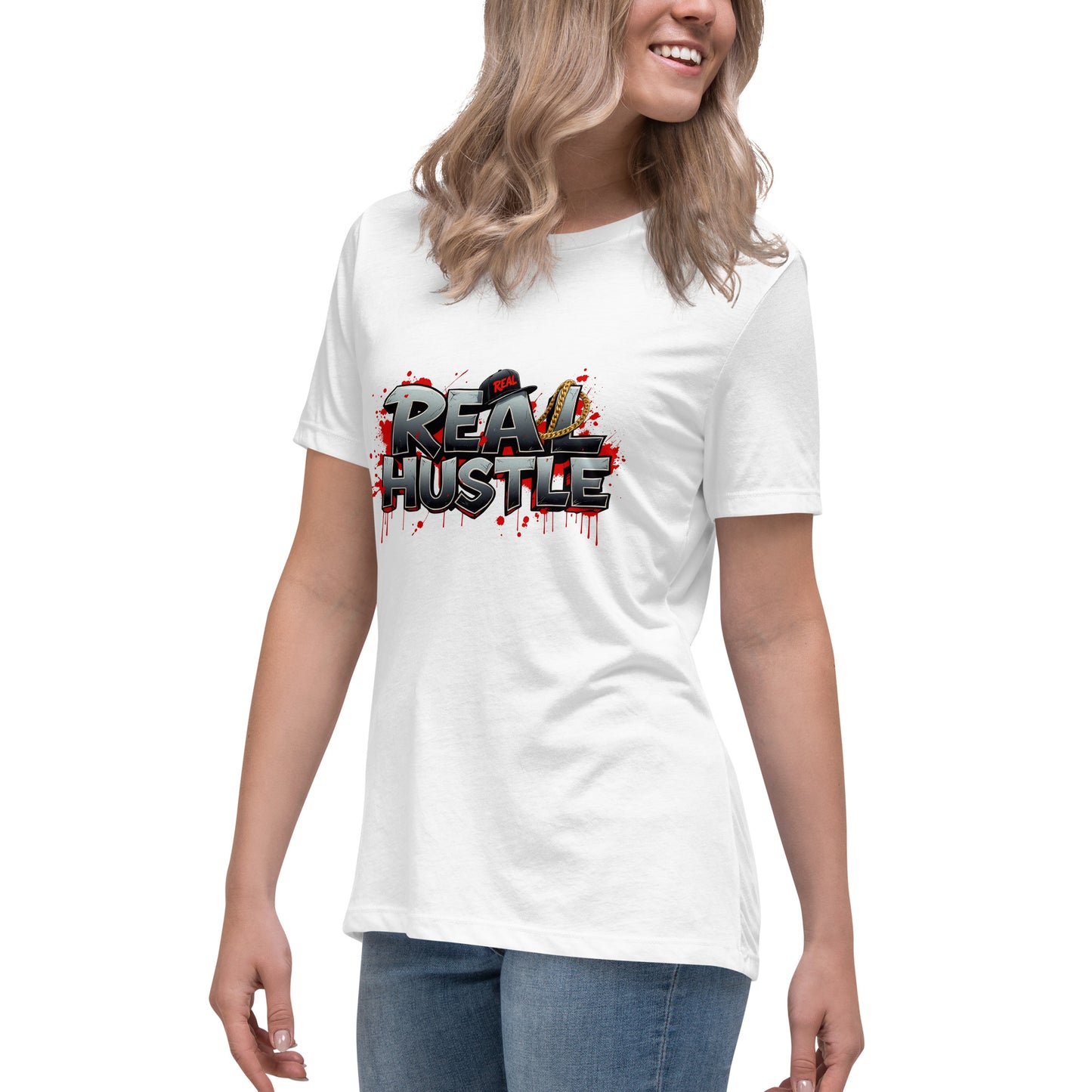 Real Hustle graphic t-shirt design with metallic lettering, gold chain, cap and red paint splatter background