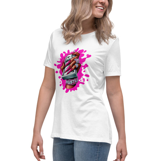 Graphic t-shirt design of a stylish hand with pink nails holding cash, wearing diamond rings, with the word “Hustle” and pink splatter background