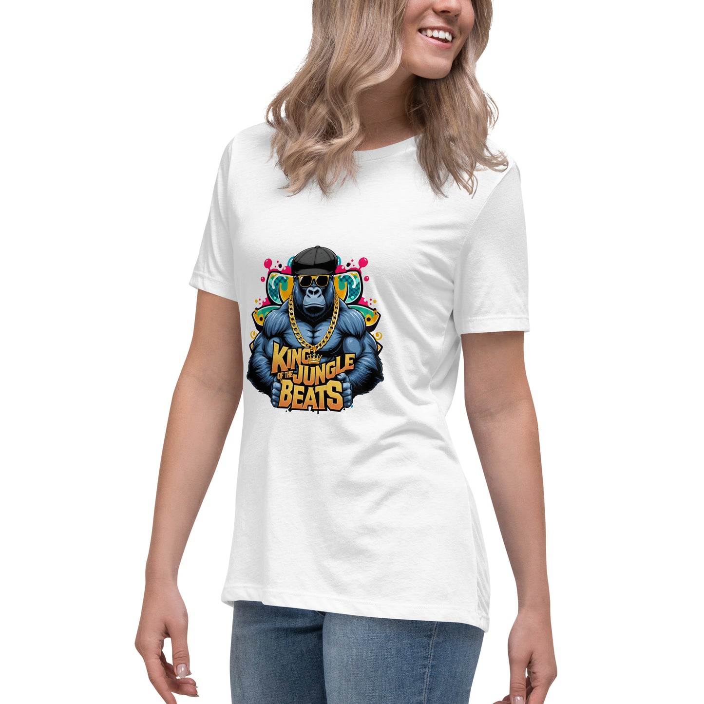 Cool gorilla in sunglasses and gold chain DJ graphic on white t-shirt.