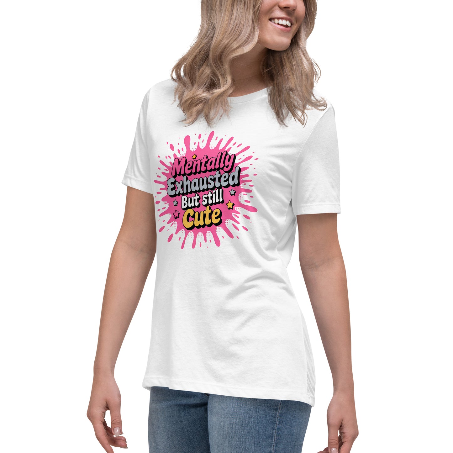 Funny t-shirt with the quote “Mentally exhausted but still cute” in pink bubble style