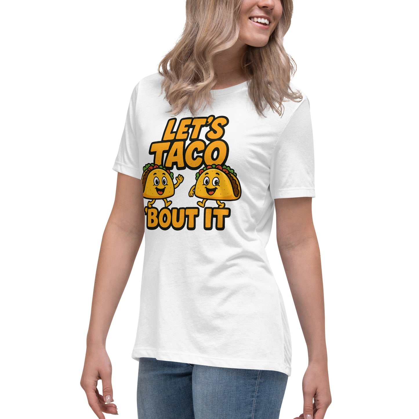 Let’s Taco ’Bout It funny graphic t-shirt with smiling taco design in yellow and green DTF print
