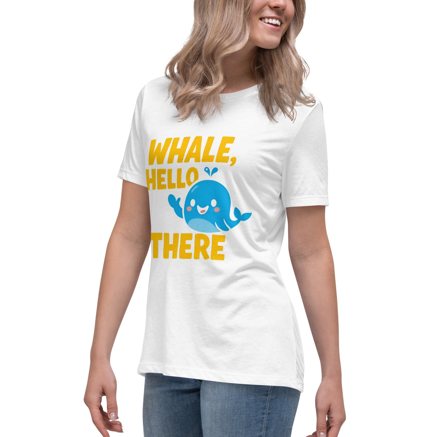 Whale Hello There t-shirt with cute blue whale cartoon design in DTF print