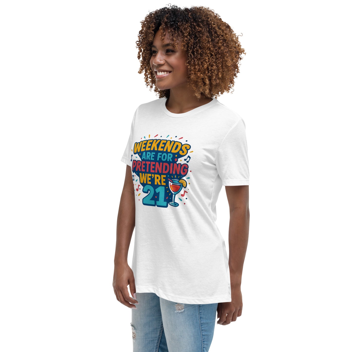 Weekends Are For Pretending We’re 21 funny party t shirt with cocktail glass design in colourful DTF print