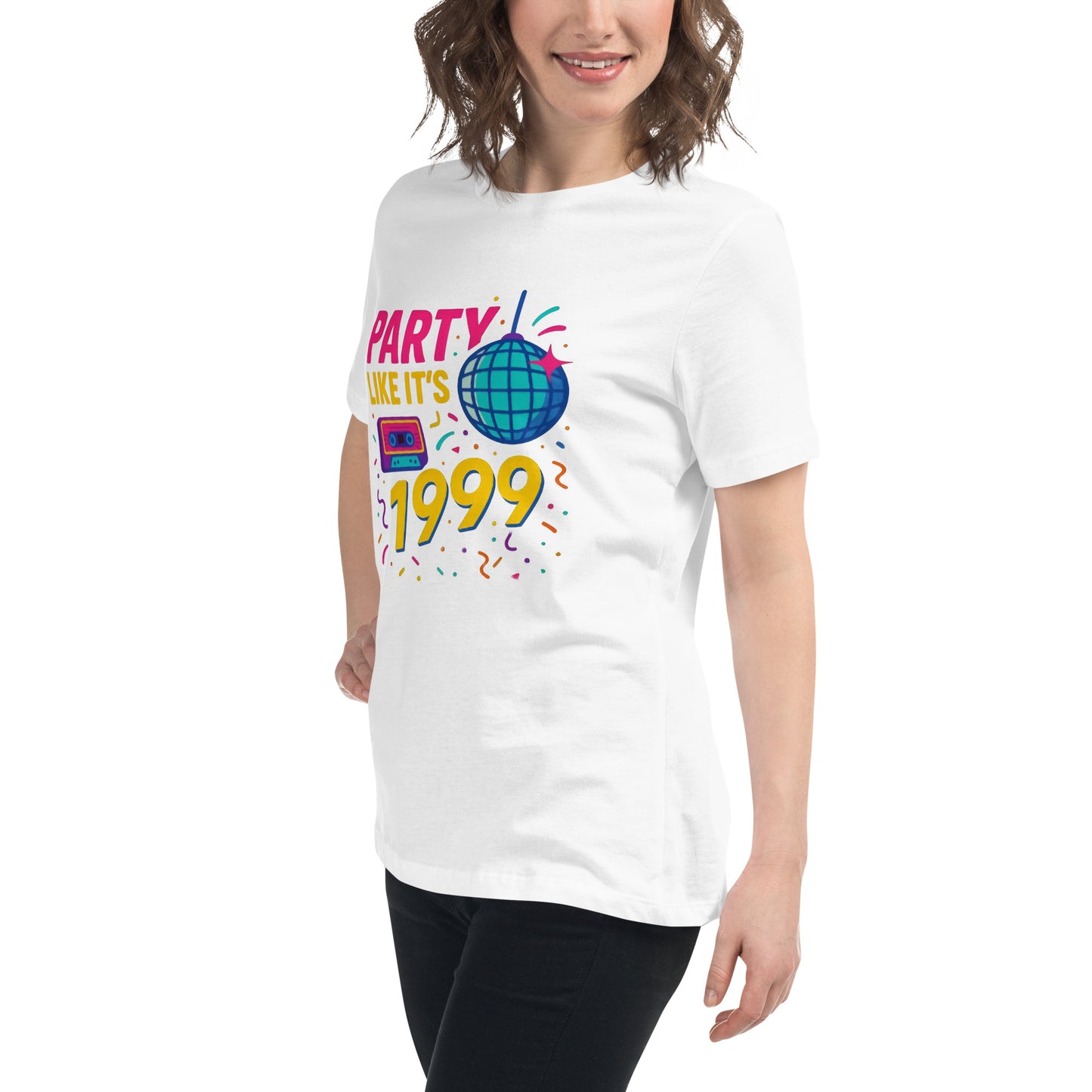 Party Like It’s 1999 funny retro graphic t shirt with disco ball and cassette design in colourful DTF print