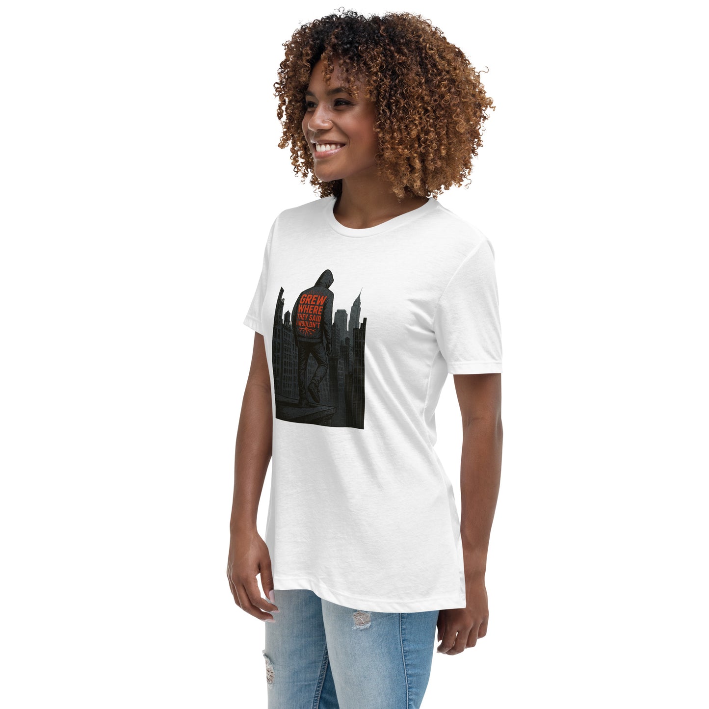 Grew Where They Said I Wouldn’t inspirational graphic t shirt in urban streetwear style with bold red lettering DTF print