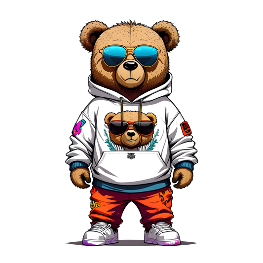 "Street style teddy bear in hoodie, shades and sneakers graphic on t-shirt"

