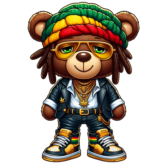 Rasta bear graphic wearing a colourful hat, gold chains, sunglasses, and streetwear – reggae and urban fashion inspired illustration.

