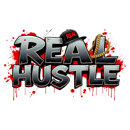 Real Hustle graphic t-shirt design with metallic lettering, gold chain, cap and red paint splatter background


