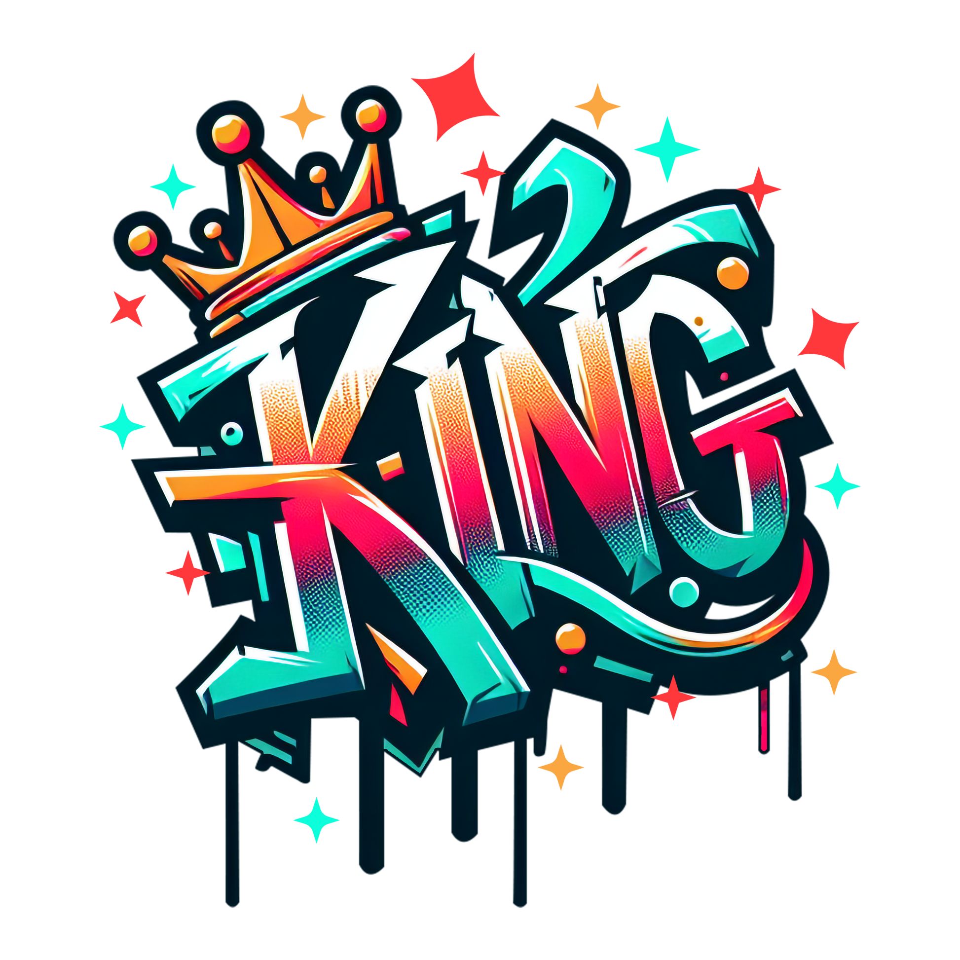 Graffiti-style “KING” artwork with crown and bold colours – urban streetwear graphic design.

