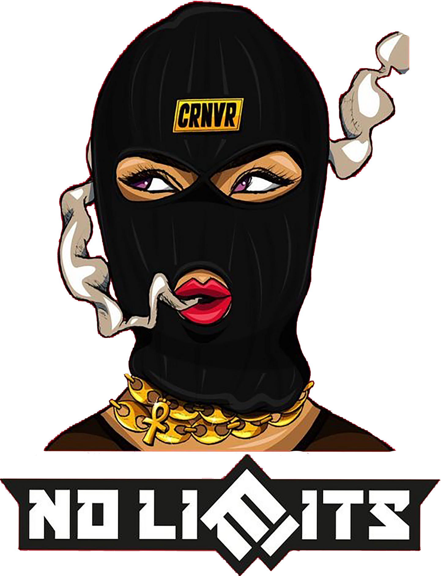 No Limits female masked character t-shirt design with bold text, smoke detail, and gold jewellery. 


