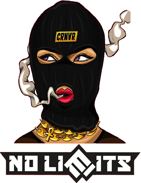 No Limits female masked character t-shirt design with bold text, smoke detail, and gold jewellery. 

