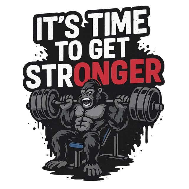 Gorilla bench pressing weights with ‘It’s Time to Get Stronger’ gym quote

