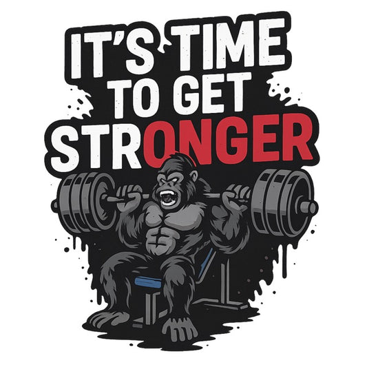 Gorilla bench pressing weights with ‘It’s Time to Get Stronger’ gym quote

