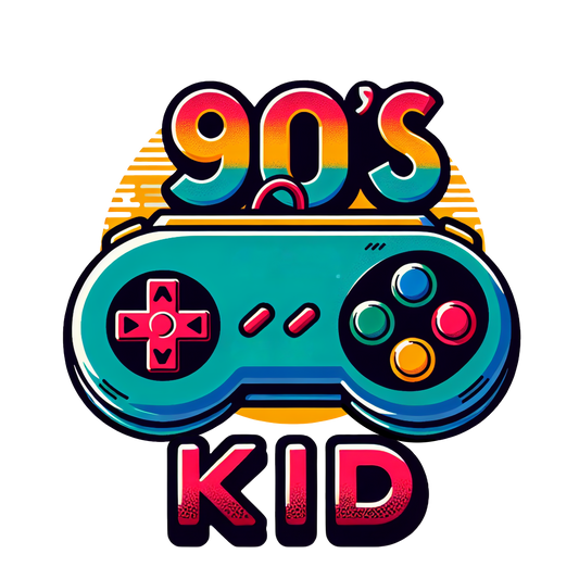 "Retro 90s game controller graphic with 90s Kid text on t-shirt"

