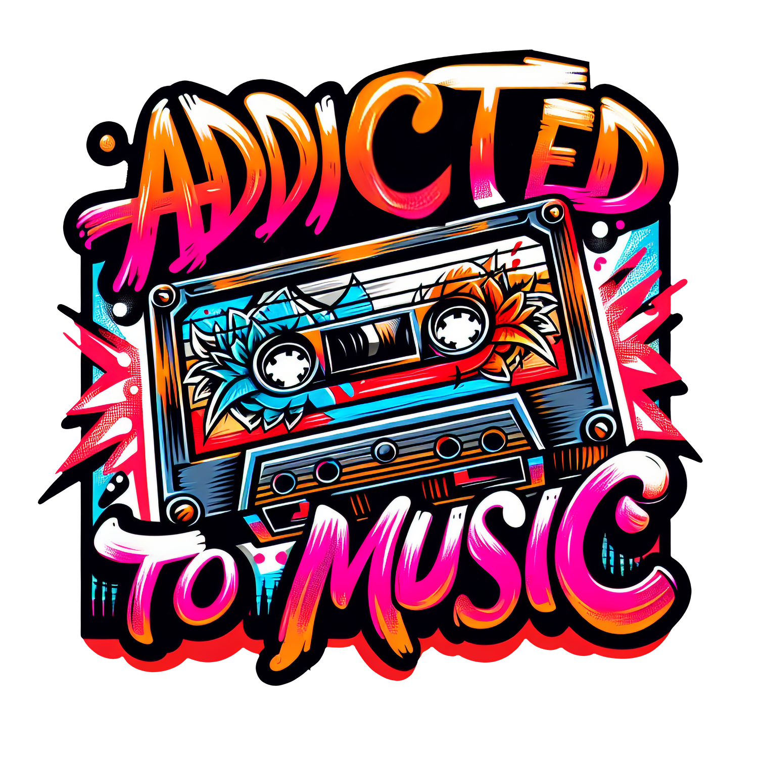 Addicted to Music retro cassette tape graphic t-shirt with bold colours and streetwear style

