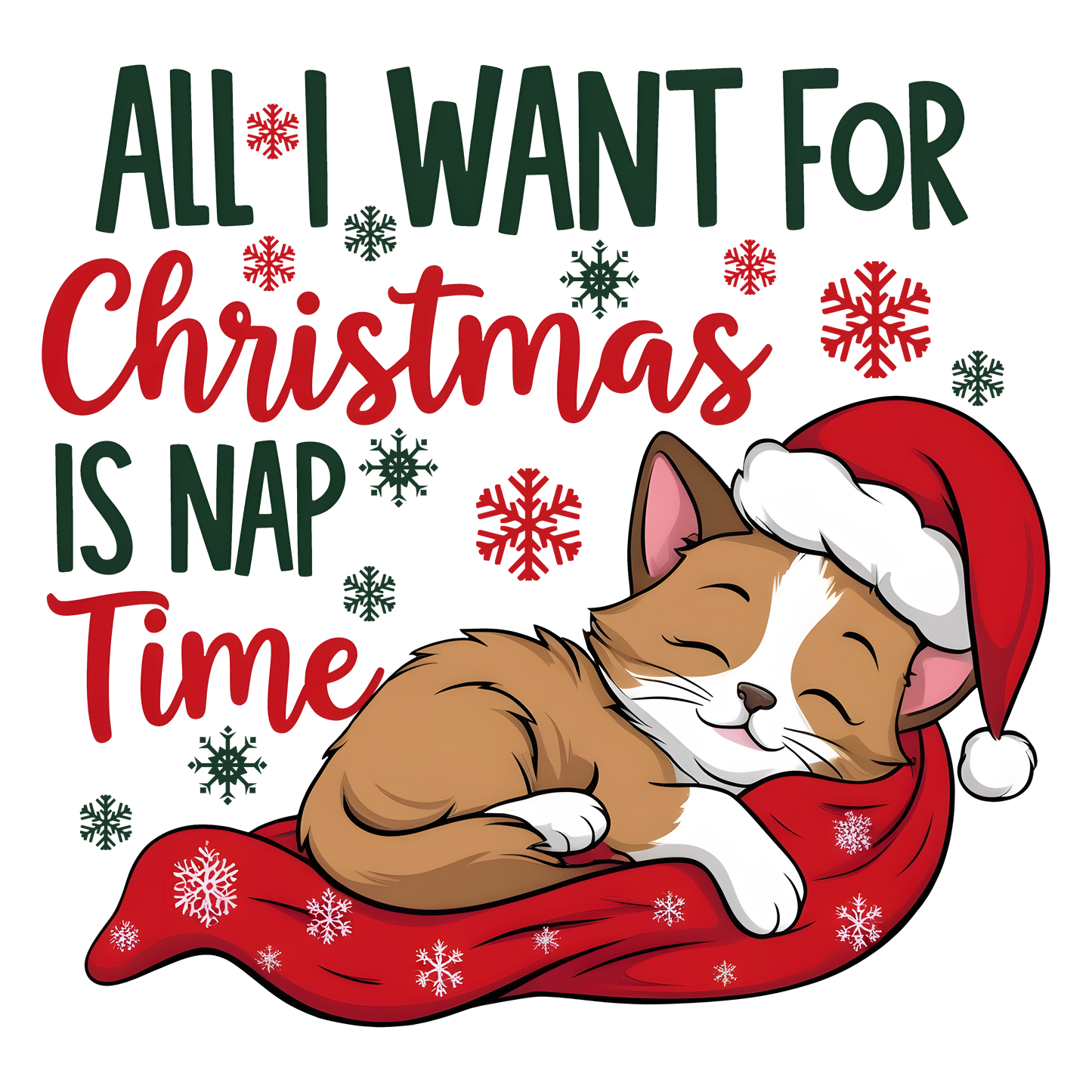 Christmas t-shirt with sleeping cat and text “All I want for Christmas is nap time”


