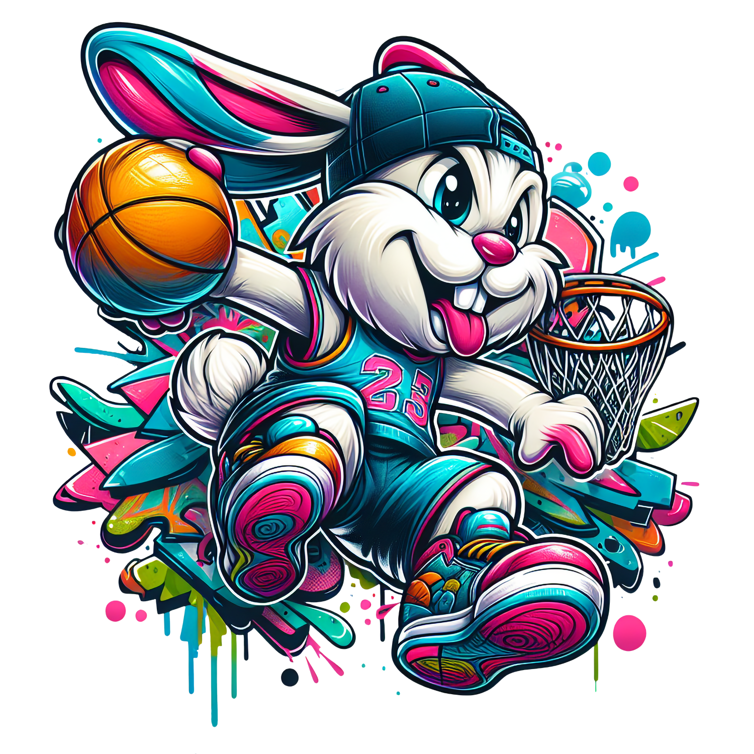Cartoon graffiti basketball bunny wearing chains and cap – streetwear t-shirt design

