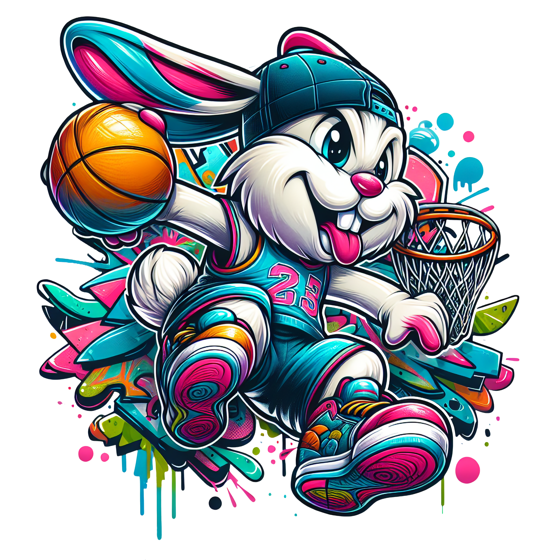 Cartoon graffiti basketball bunny wearing chains and cap – streetwear t-shirt design

