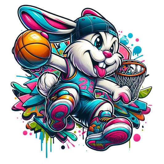 Cartoon graffiti basketball bunny wearing chains and cap – streetwear t-shirt design

