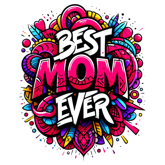 Graffiti t-shirt with “Best Mum Ever” in colourful floral and heart-themed street art

