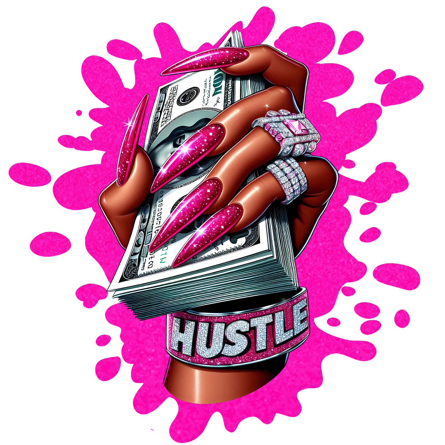 Graphic t-shirt design of a stylish hand with pink nails holding cash, wearing diamond rings, with the word “Hustle” and pink splatter background