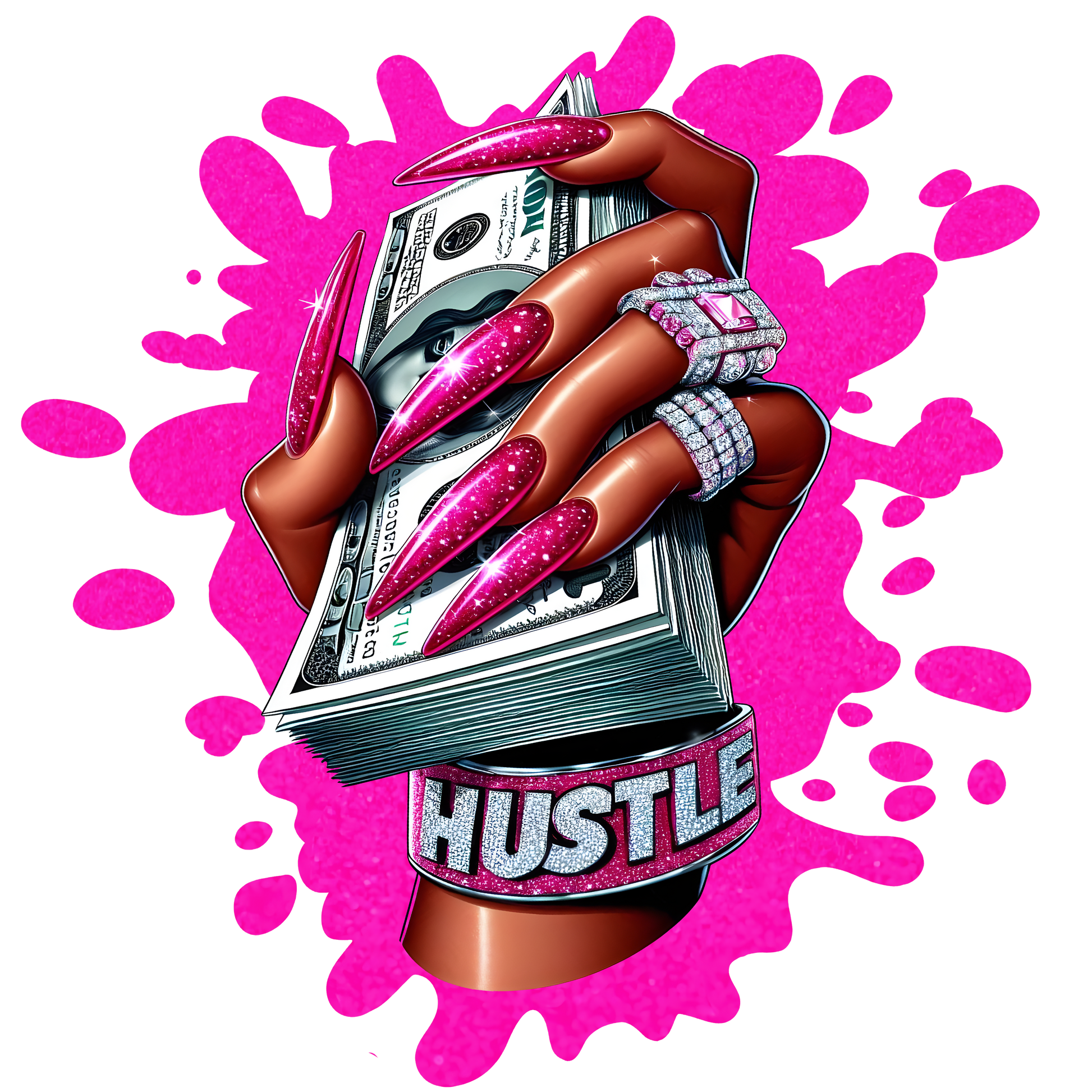 Graphic t-shirt design of a stylish hand with pink nails holding cash, wearing diamond rings, with the word “Hustle” and pink splatter background