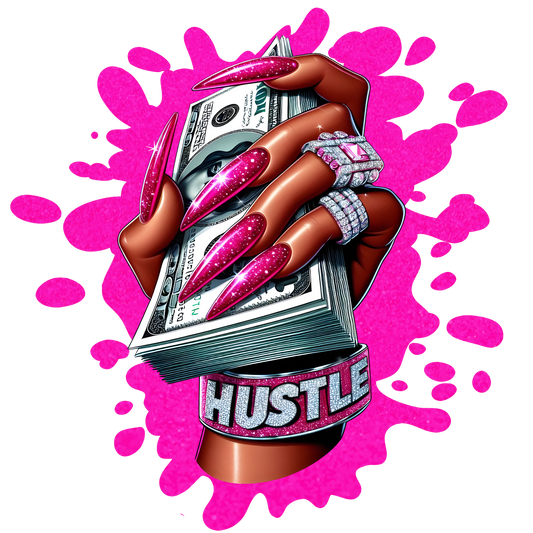 Graphic t-shirt design of a stylish hand with pink nails holding cash, wearing diamond rings, with the word “Hustle” and pink splatter background