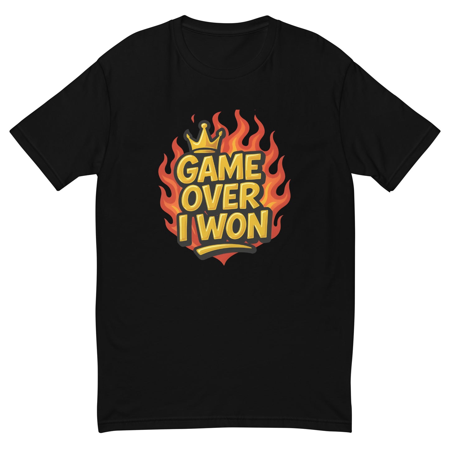 Game Over I Won T shirt design with gold lettering, fiery flame background and crown detail, perfect for gaming apparel, funny gamer tops and high quality DTF printing UK