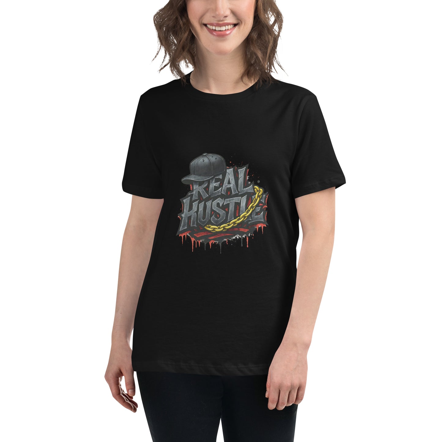 Real Hustle streetwear T shirt featuring cracked graffiti lettering, a snapback cap and gold chain artwork, printed with high quality DTF printing in the UK.
