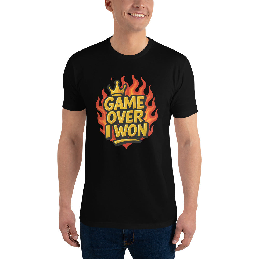 Game Over I Won T shirt design with gold lettering, fiery flame background and crown detail, perfect for gaming apparel, funny gamer tops and high quality DTF printing UK