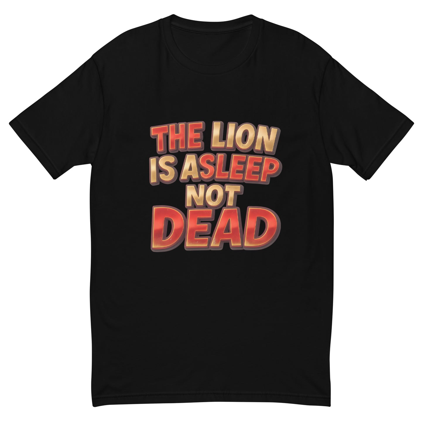 The Lion Is Asleep Not Dead T shirt design with bold red and gold 3D lettering, perfect for motivational gym apparel, fitness inspiration clothing and custom DTF printing UK
