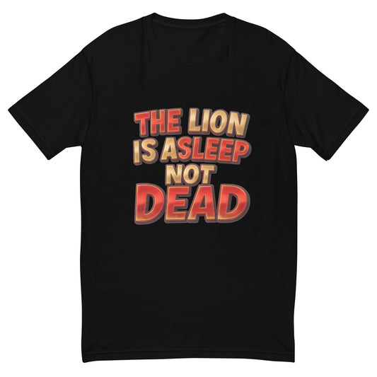 The Lion Is Asleep Not Dead T shirt design with bold red and gold 3D lettering, perfect for motivational gym apparel, fitness inspiration clothing and custom DTF printing UK