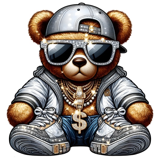 Gangster bear wearing grey streetwear outfit, gold chains, and sunglasses

