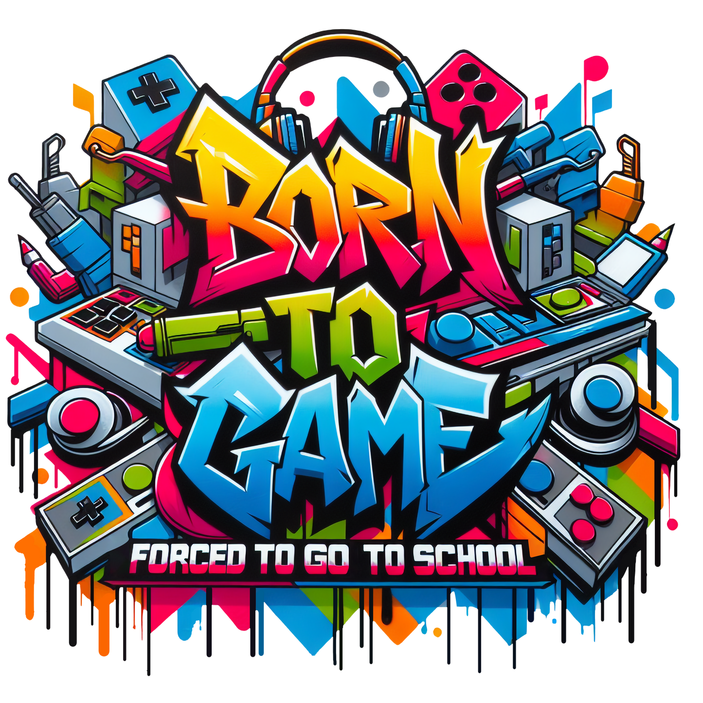 Born to Game graffiti t-shirt with colourful gaming-themed artwork, worn by male model
