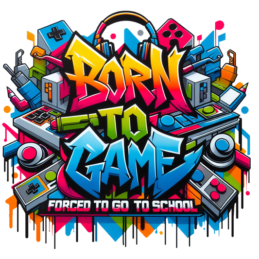 Born to Game graffiti t-shirt with colourful gaming-themed artwork, worn by male model
