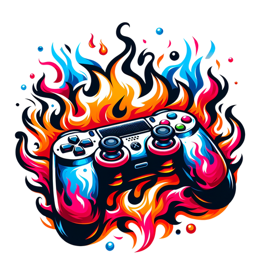 Cool gamer t-shirt with flaming video game controller graphic

