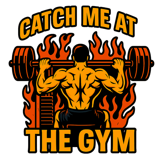 Gym t-shirt design with muscular man lifting weights and flames in the background.
