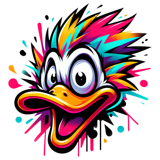 Funny colorful cartoon duck graphic on t-shirt for men and women.