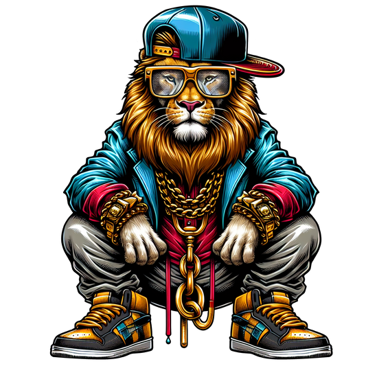 Gangster lion graphic wearing snapback, gold chains, and sneakers.