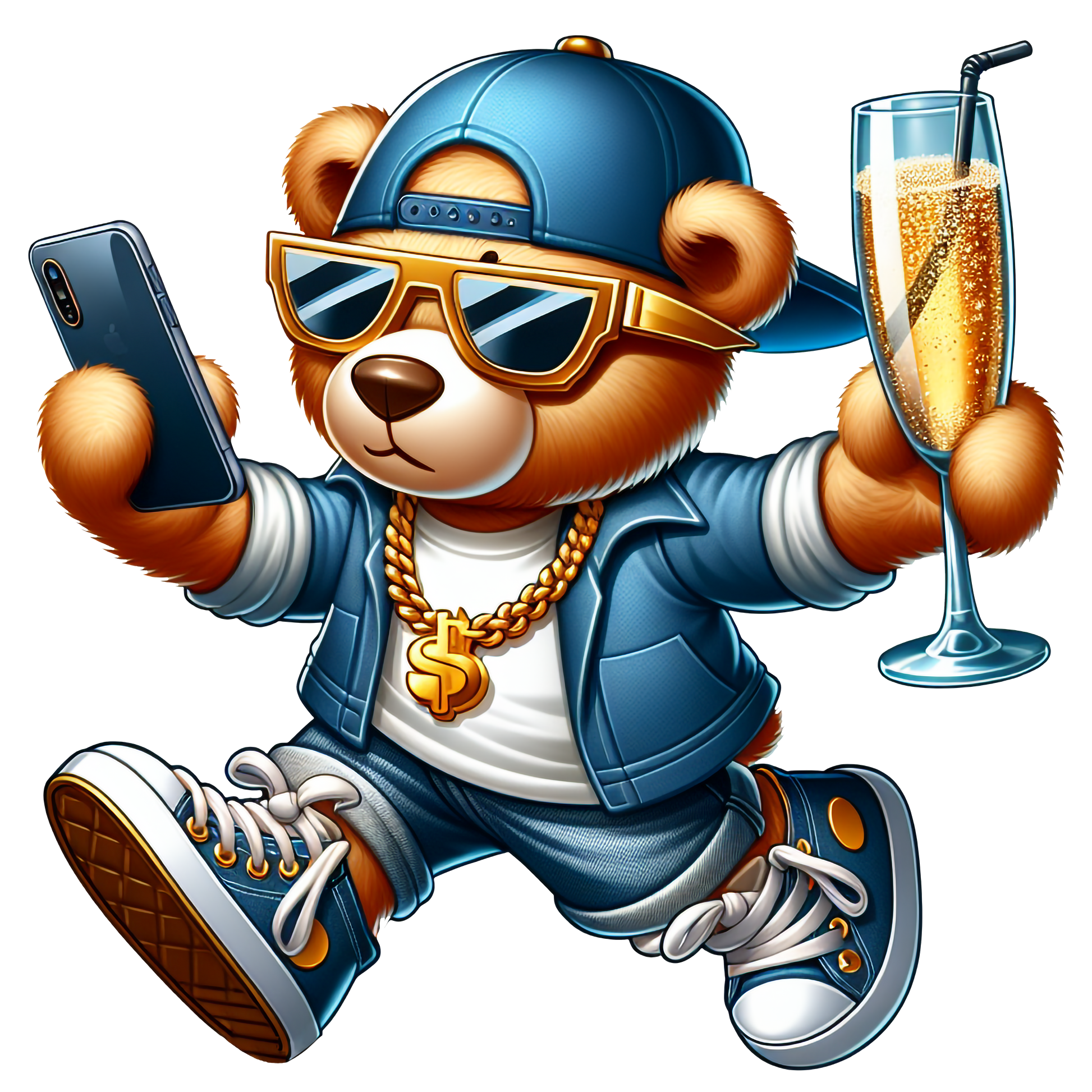Cool bear graphic on t-shirt holding champagne and phone, wearing streetwear and shades.
