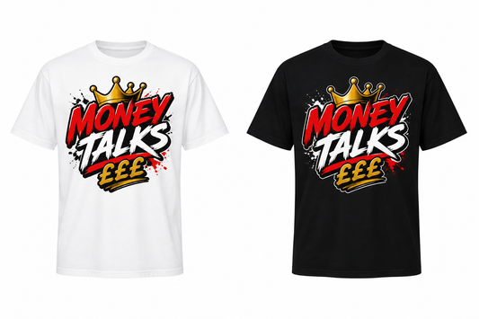 Money Talks £££ graphic t-shirt with gold crown DTF print on white and black unisex tee