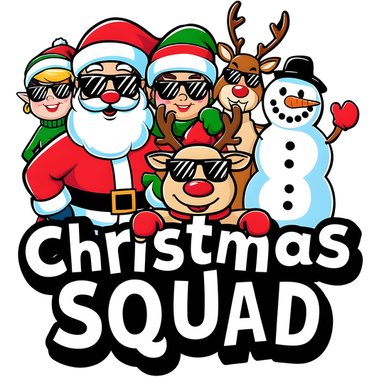 White t-shirt with Santa, reindeer, snowman, elves and text “Christmas Squad”