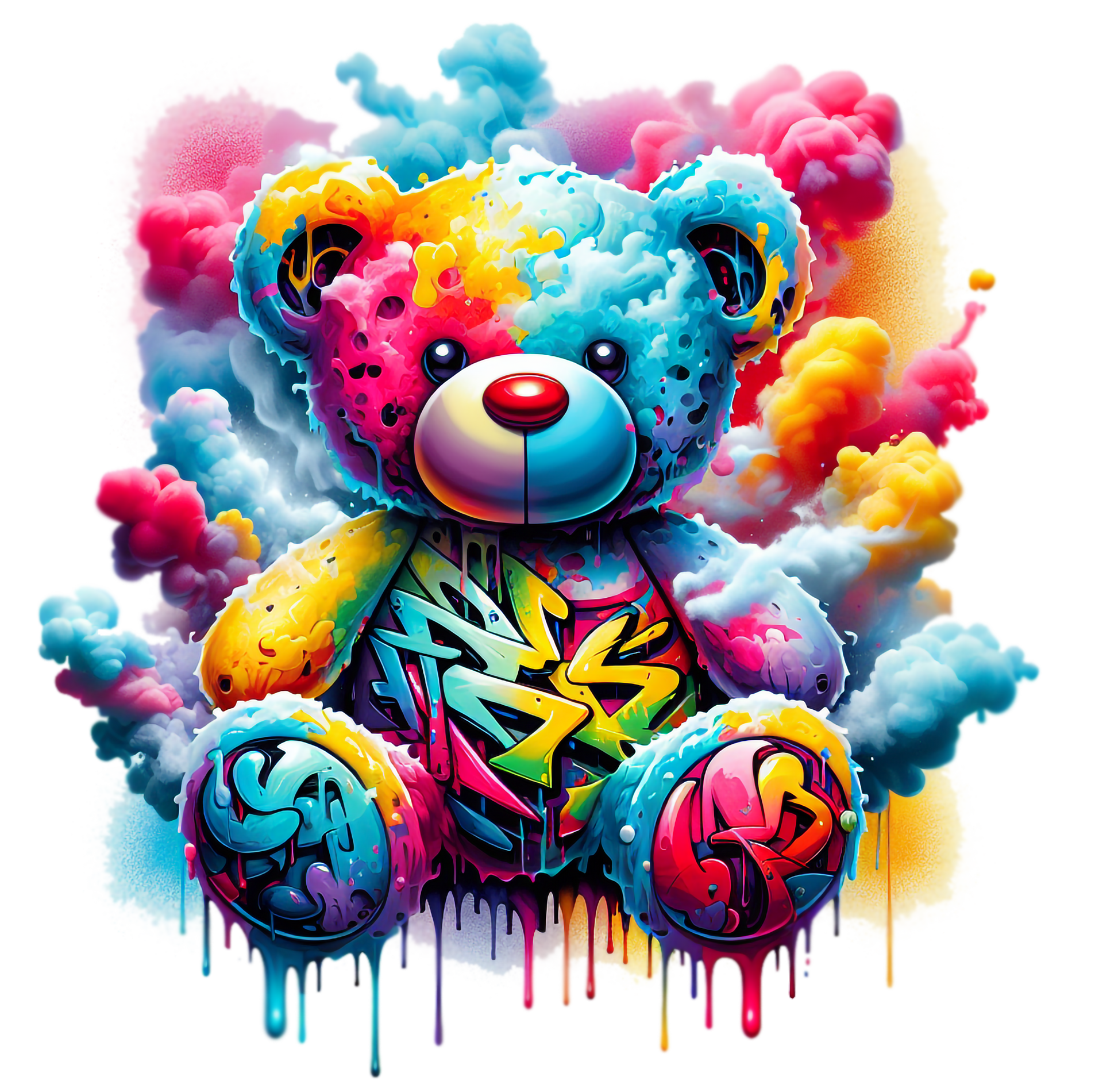 Graffiti teddy bear t-shirt for men and women in vibrant streetwear style.
