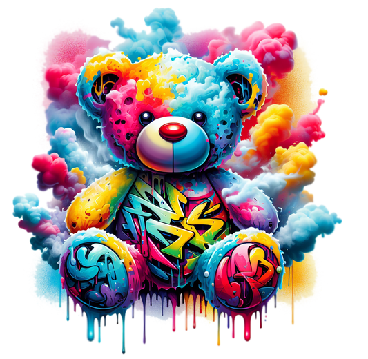 Graffiti teddy bear t-shirt for men and women in vibrant streetwear style.
